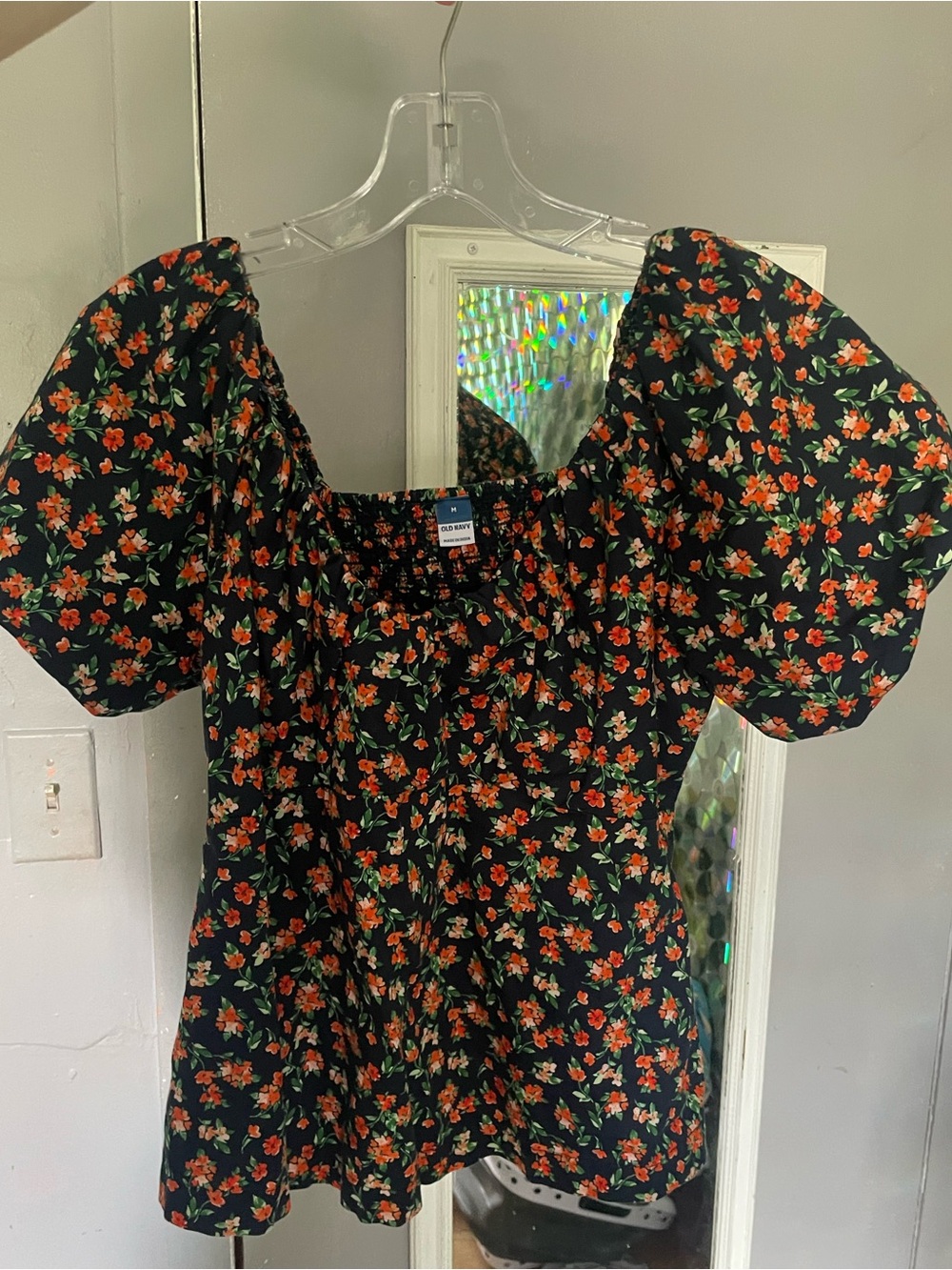 Old Navy Black Puff-Sleeve Floral Blouse with Orange Flowers
